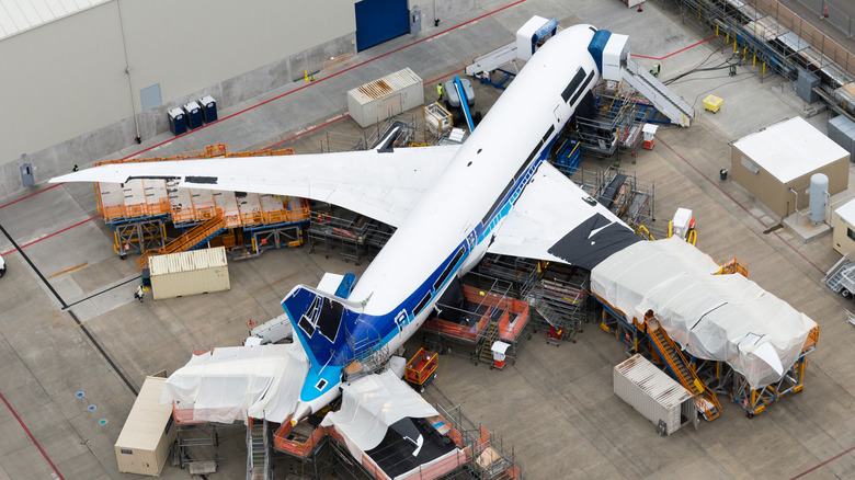 A Boeing 787 Dreamliner under construction