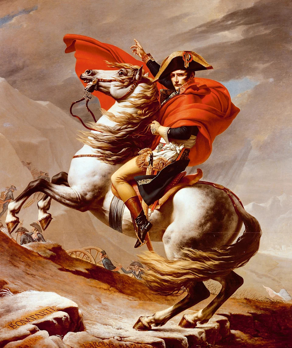 Historic painting of a man in military attire on a rearing horse, pointing upward, symbolizing leadership and conquest
