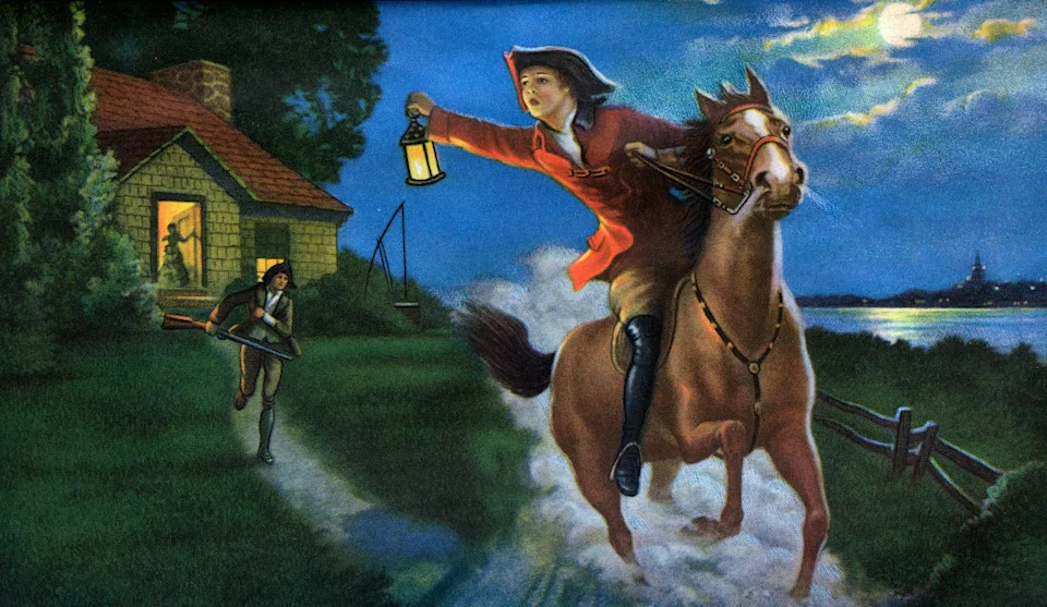 A person on horseback holding a lantern rides urgently at night, with another person running from a house in the background
