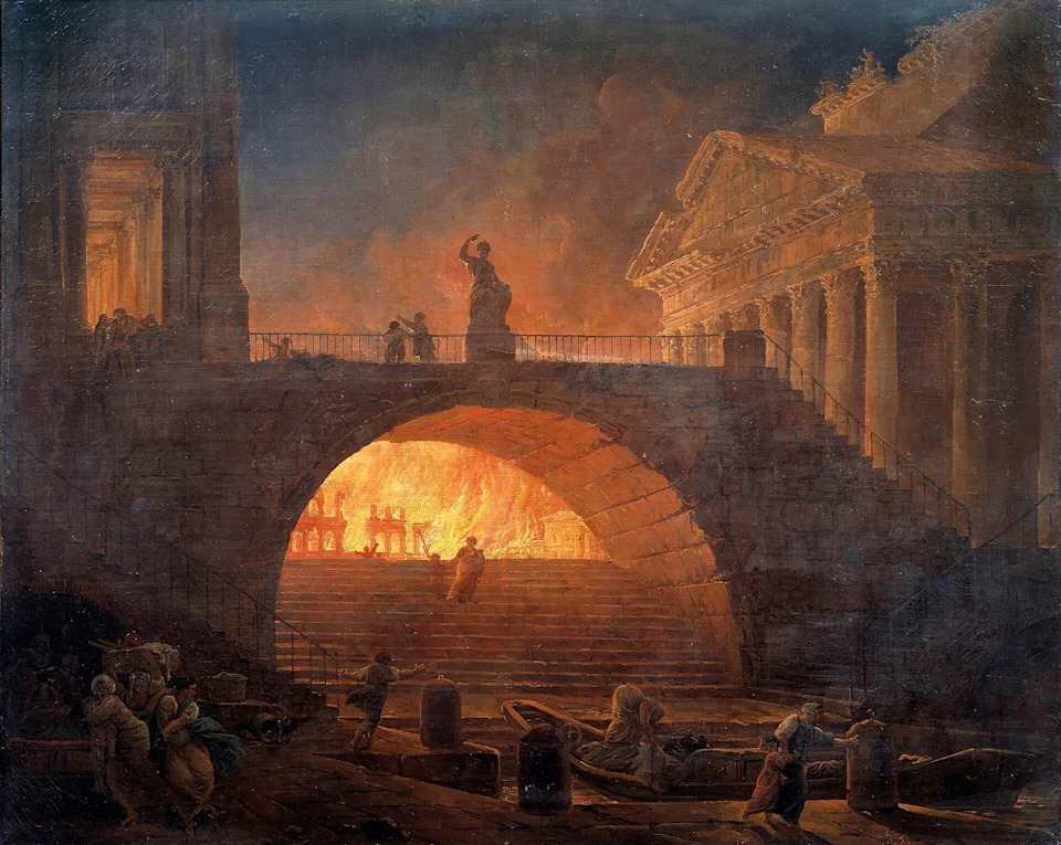 People flee a large fire under a stone bridge in an 18th-century painting, highlighting chaos and dramatic architecture