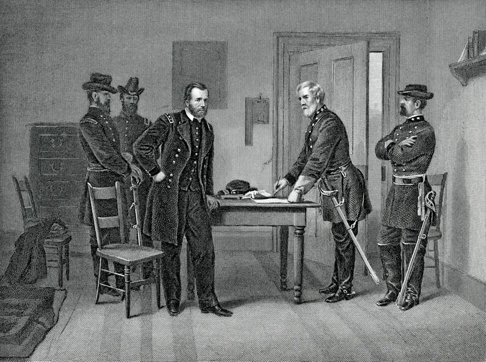 Historical reenactment of a meeting with men in military uniforms gathered around a table, discussing and signing a document