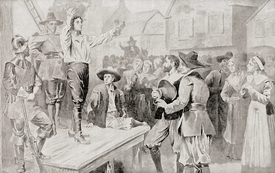 Historical scene of a man passionately addressing a crowd atop a platform in a colonial setting with spectators in period clothing