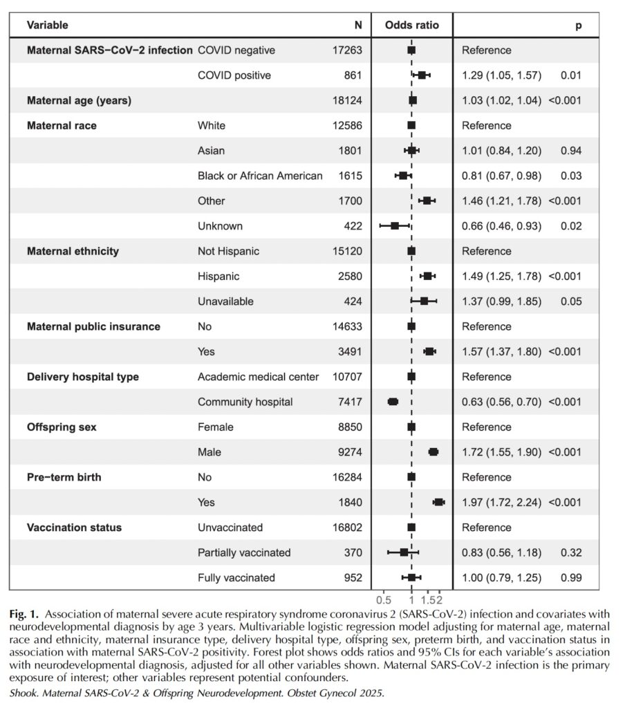 Forest plot showing odds ratios for neurodevelopmental diagnosis in children by maternal COVID-19 status, age, race, ethnicity, hypertension, diabetes, preterm birth, sex, and vaccination, with confidence intervals.