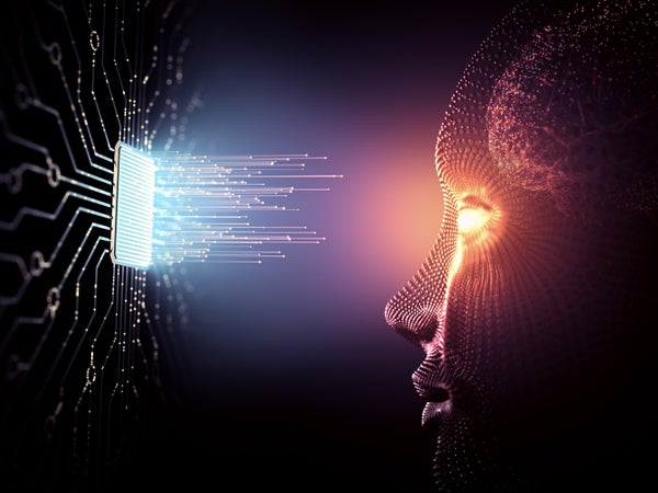 Digital human face composed of glowing particles connects to futuristic microchip emitting bright data streams